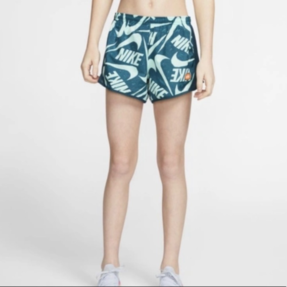Nike Dri-Fit Tempo Printed Logo Running Shorts Green Girls Size XL